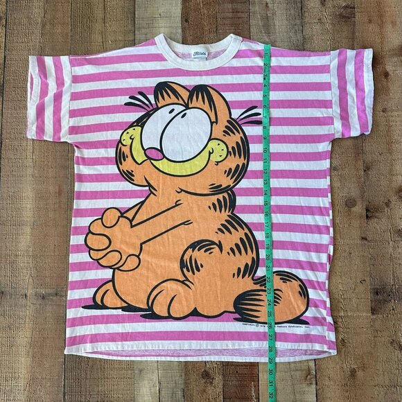 Vintage 1978 Flirts Garfield Striped T-Shirt Cartoon Graphic Pink & White - Picture 7 of 11